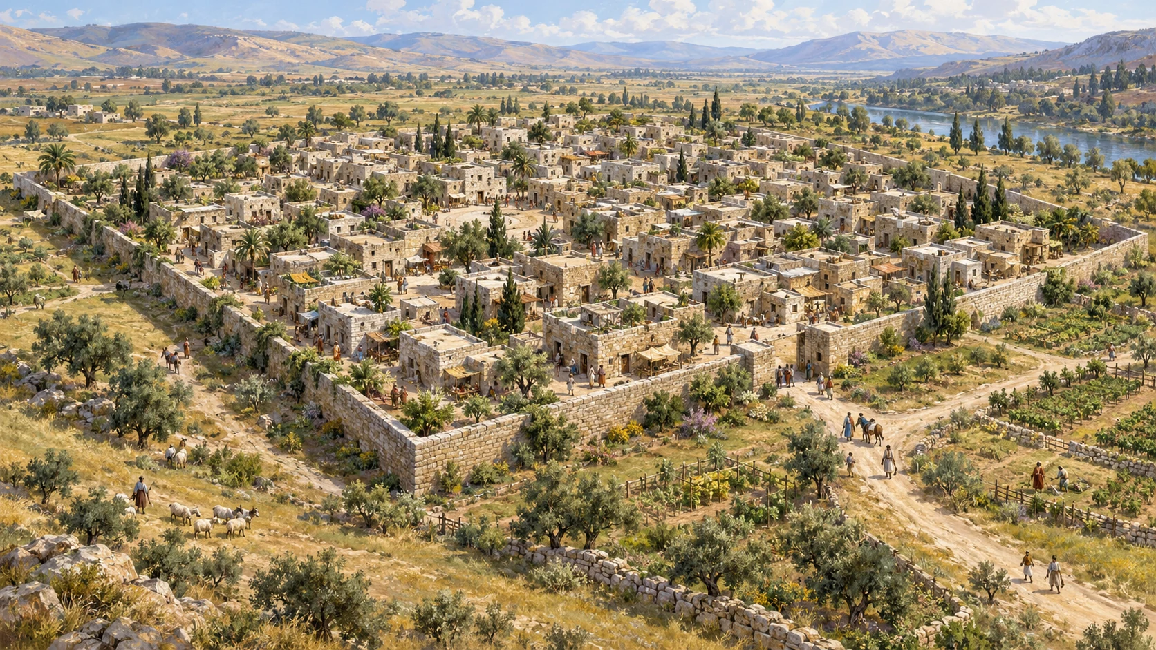 A modest square-ish inhabited visionary city stands within surrounding open land; exact side and margin measures remain in Scripture.