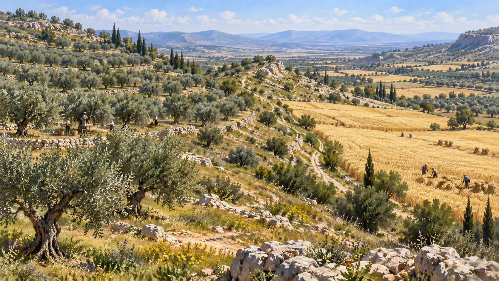 Two distinct neighboring east-to-west cultivated strips are seen in oblique landscape perspective, without generated names.