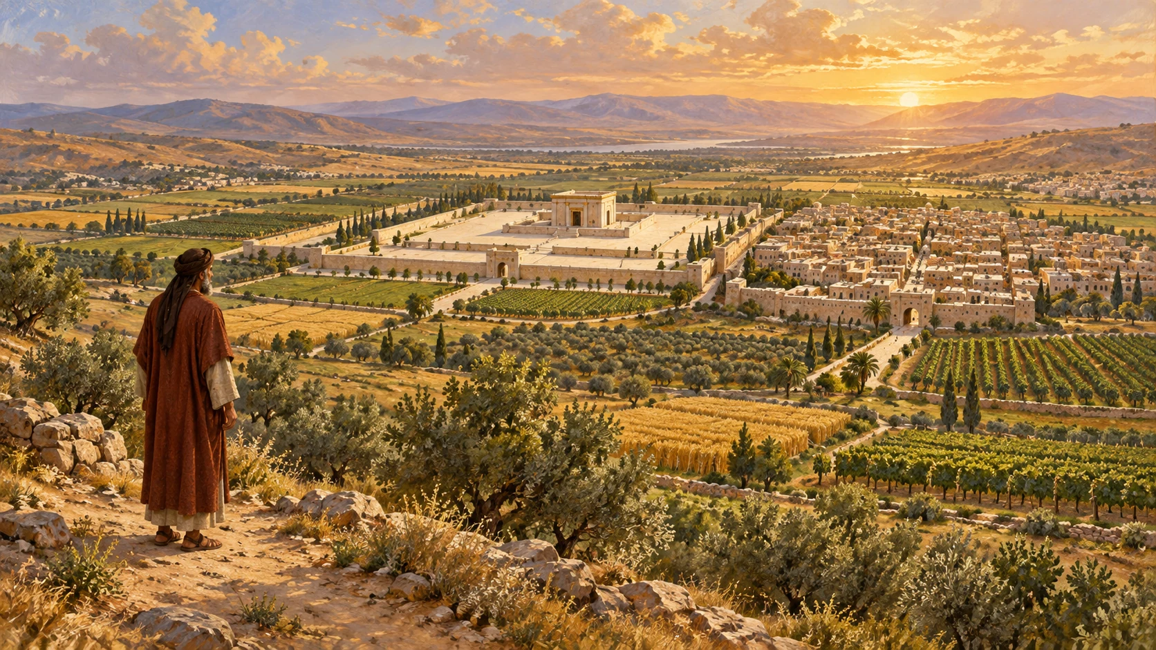 The reserved holy district, city and prince’s flanking portions are suggested by adjacent open land in a high oblique view; prince stays anonymous.