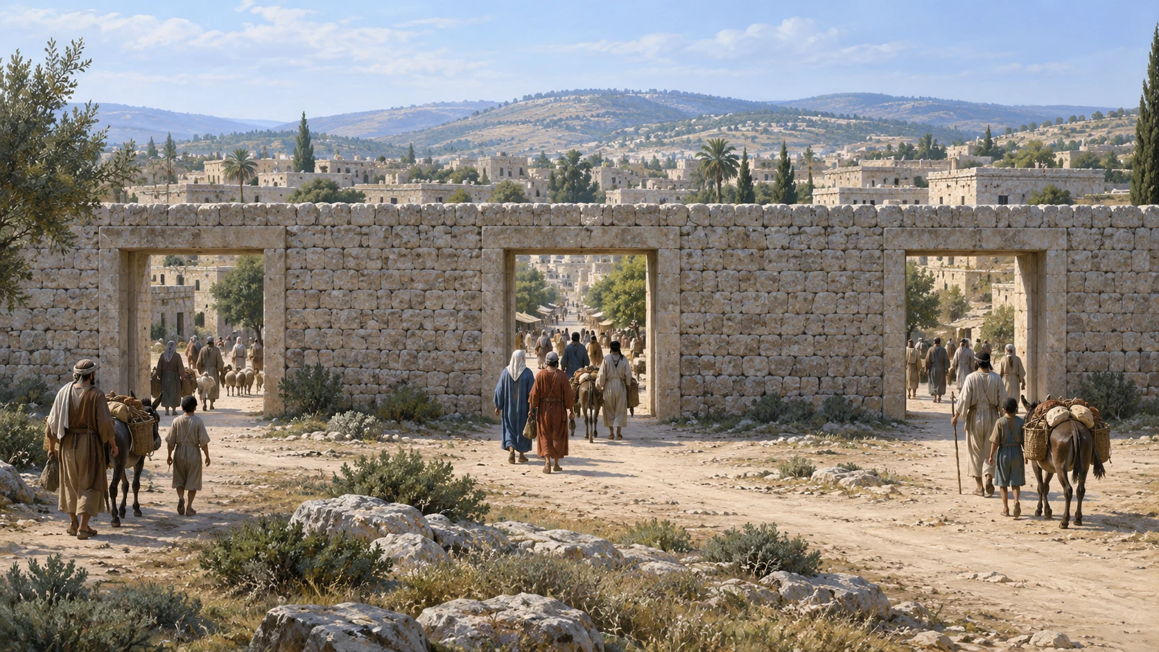 A plain rough-stone city north wall has three equal uninscribed gates in a wide view; the tribal names remain in Scripture.