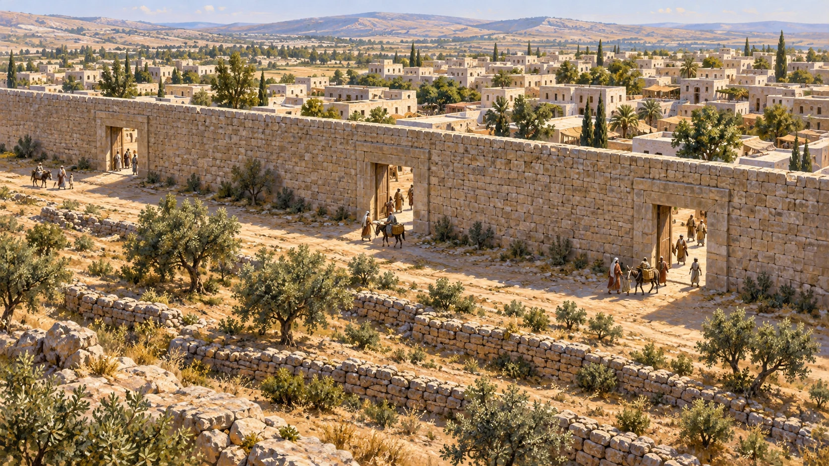 A south-facing rough-stone wall and three similar open gates are shown from a higher oblique angle.