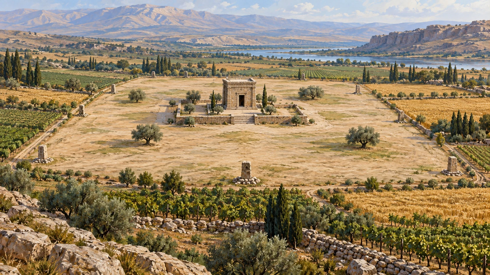 A high interpretive view shows a central reserved district between tribal lands with a modest sanctuary in its midst; numbers remain in Scripture.