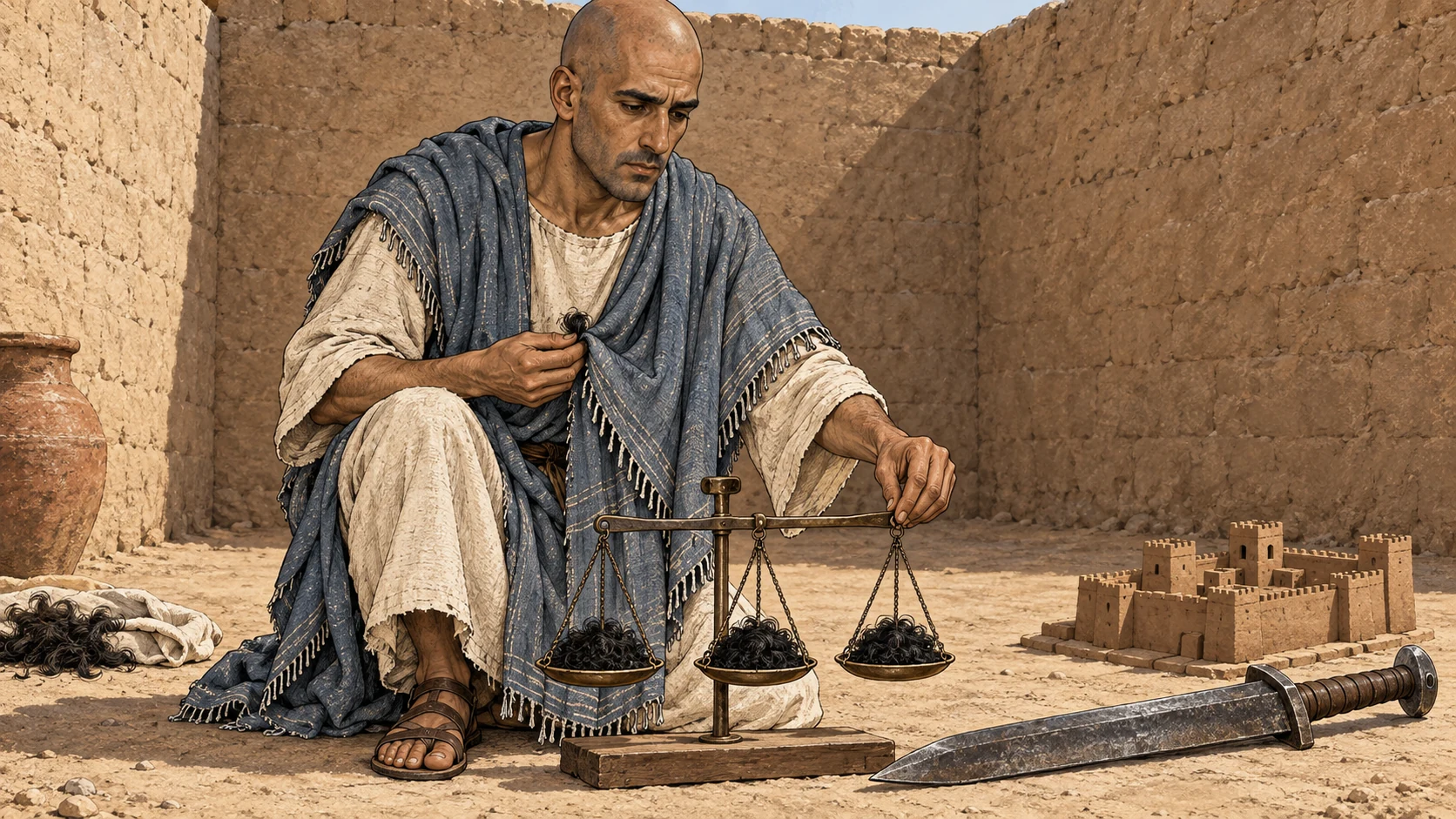 A temporarily shaved Ezekiel divides his cut hair into three portions and preserves one small lock.