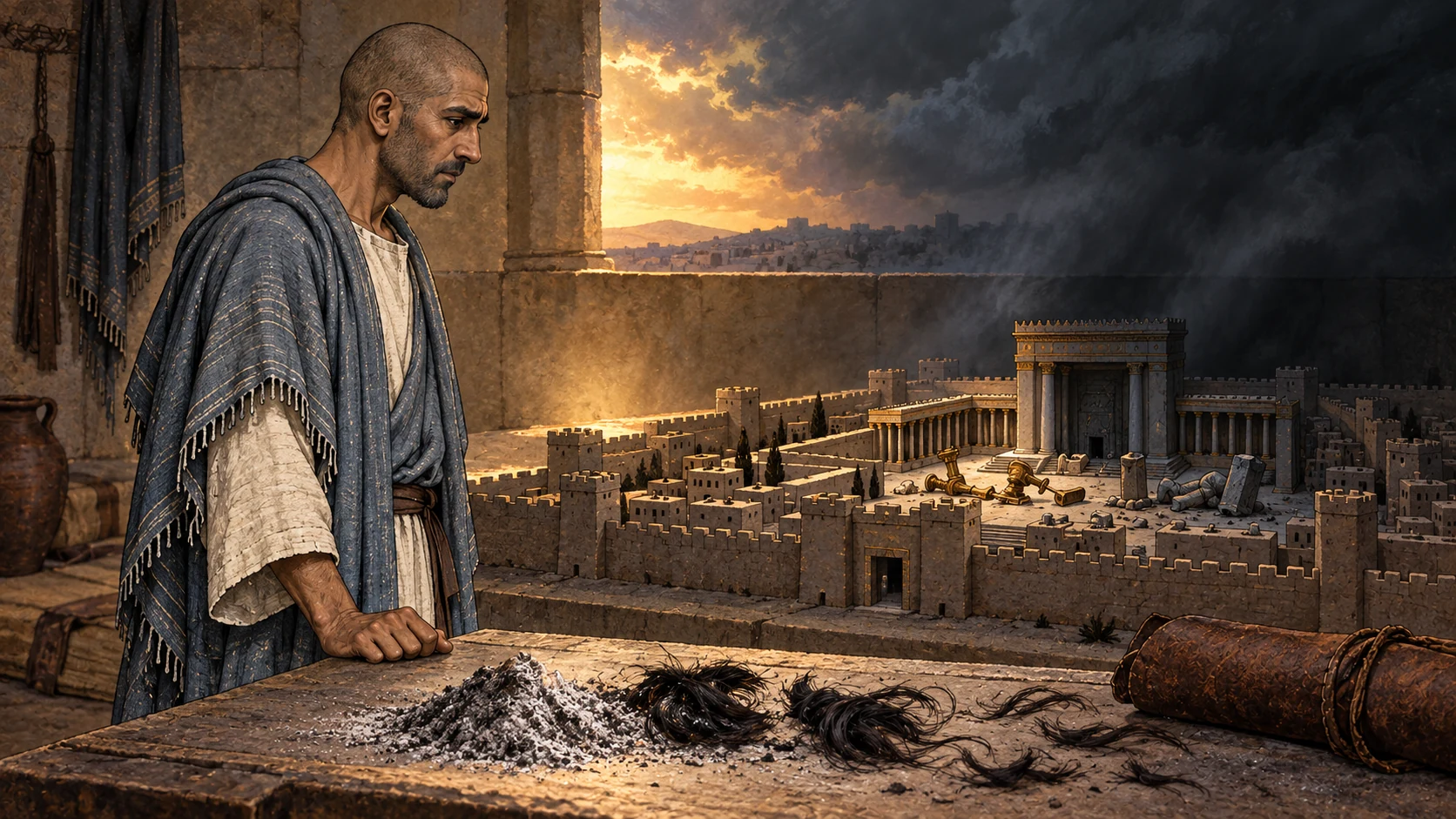 Ezekiel grieves as shadow overtakes the miniature temple and the hair-sign remnants remain.
