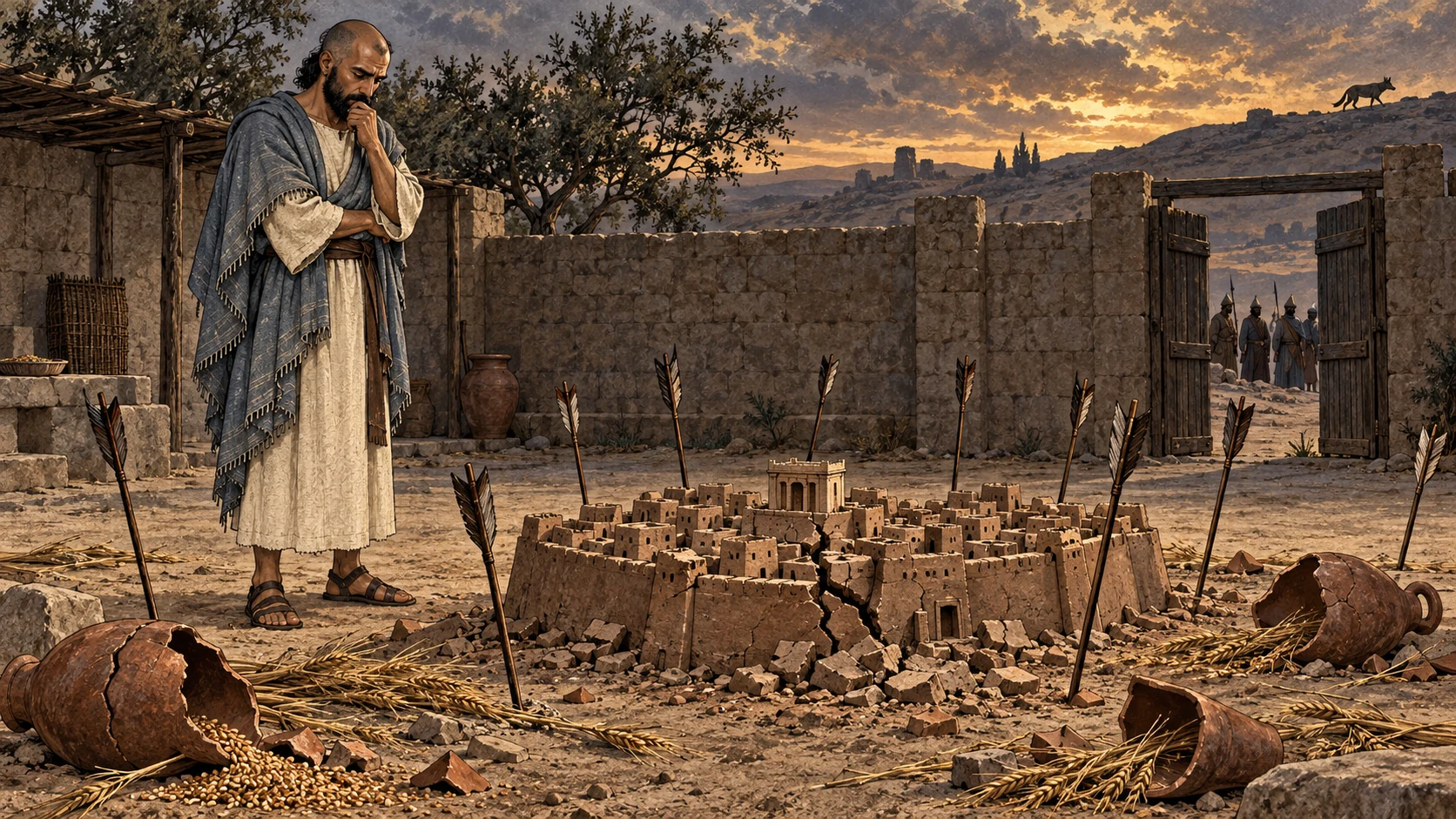 Ezekiel stands beside a cracked clay city ringed by planted arrows, broken jars, and dry grain.