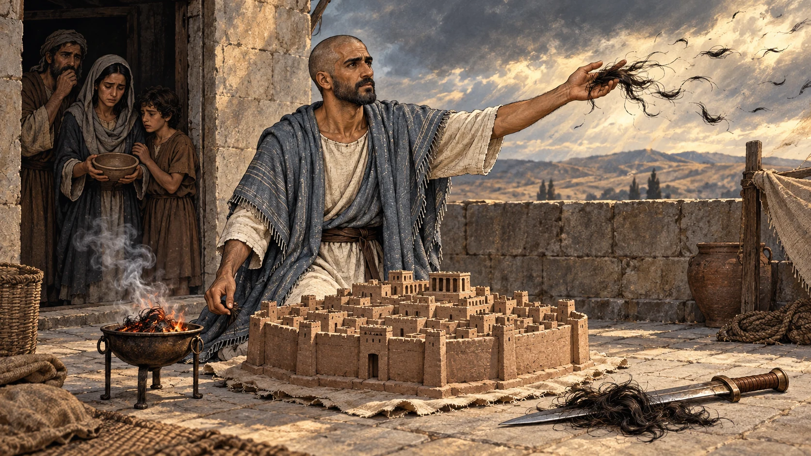 Ezekiel burns, cuts, and scatters the three hair portions around the clay Jerusalem model.