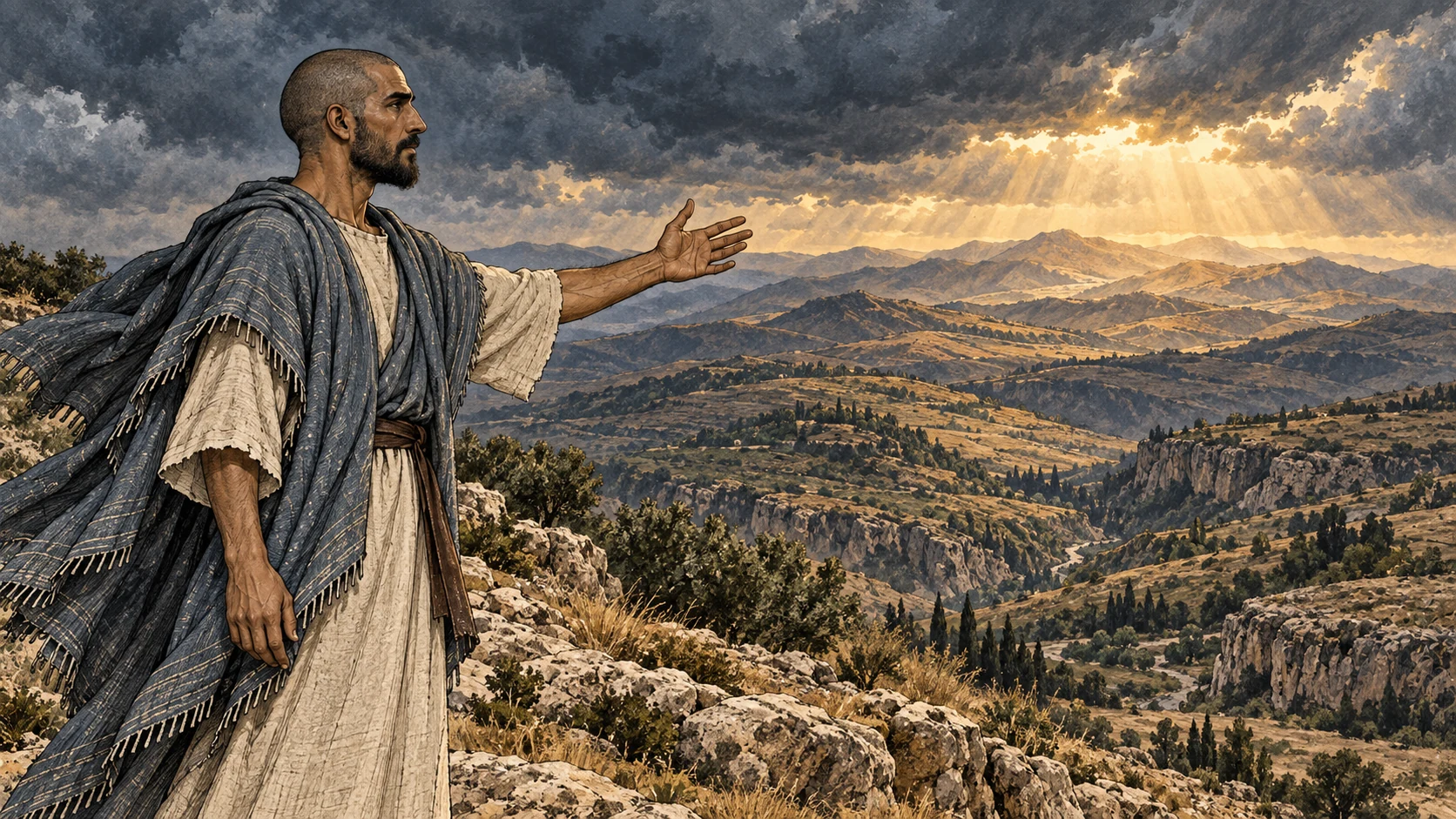 A recently shaved Ezekiel faces the mountains, hills, ravines, and valleys of Israel.