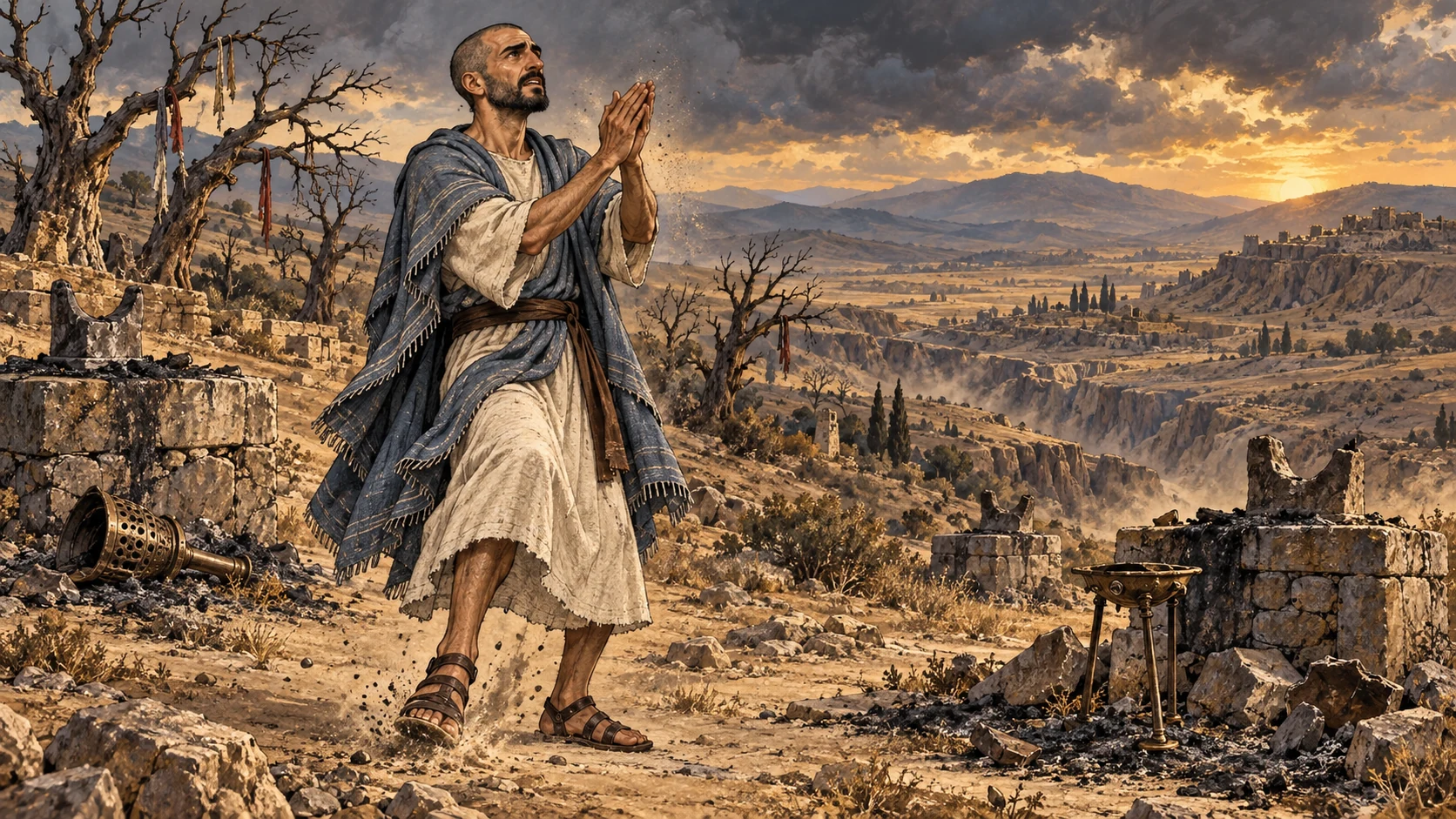 Ezekiel claps once and stamps his foot in anguish before the desolate high places.
