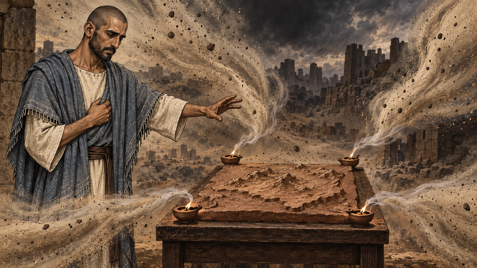 Four winds converge around Ezekiel’s clay land relief as four edge lamps go dark.