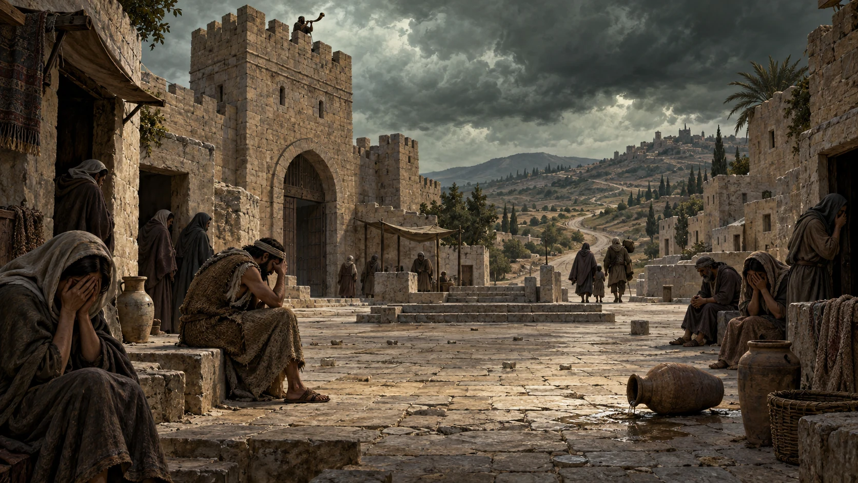 A watchman sounds the horn above an empty square where fearful inhabitants withdraw.