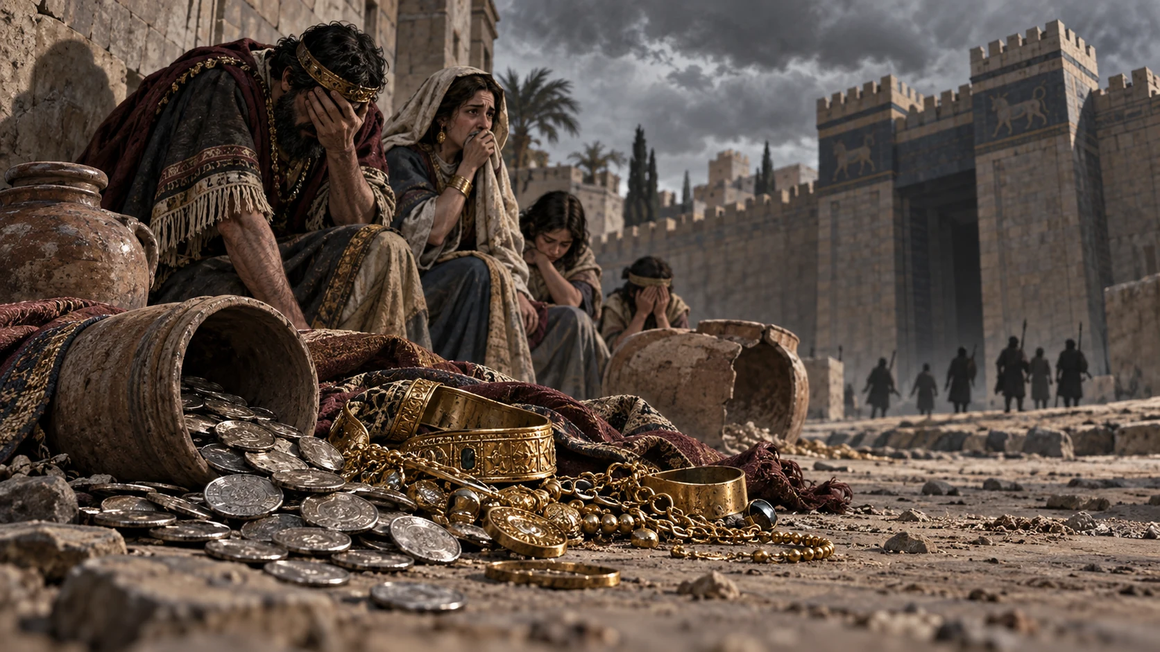 A household abandons silver and gold beside empty jars as the sanctuary gate falls into shadow.