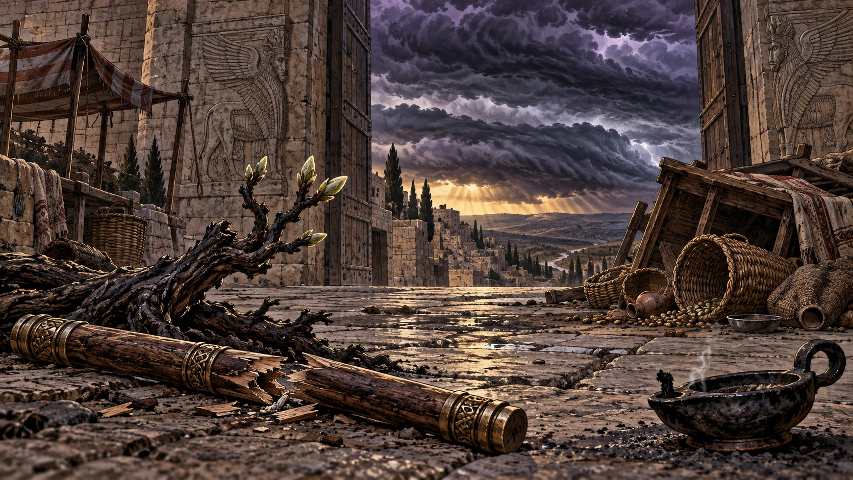 A budded dark branch, broken rod, abandoned market baskets, and an extinguished lamp fill an empty gate.