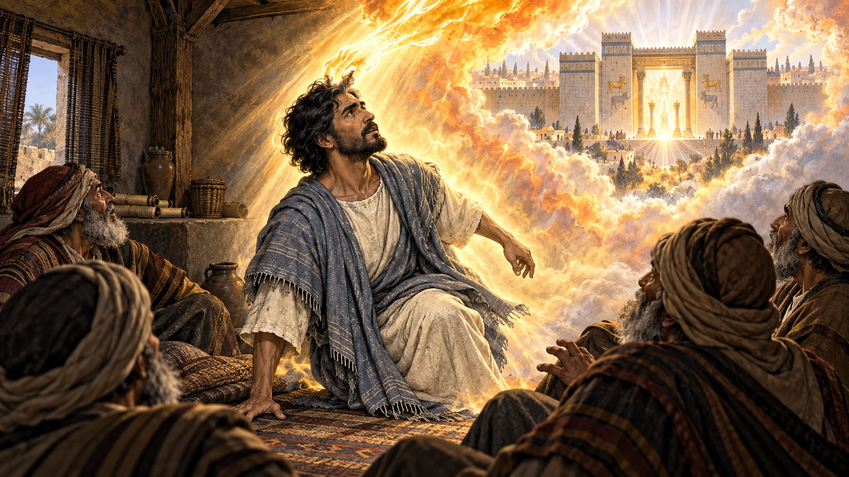 Before visiting elders, Ezekiel is seized by a fiery vision and carried toward Jerusalem.