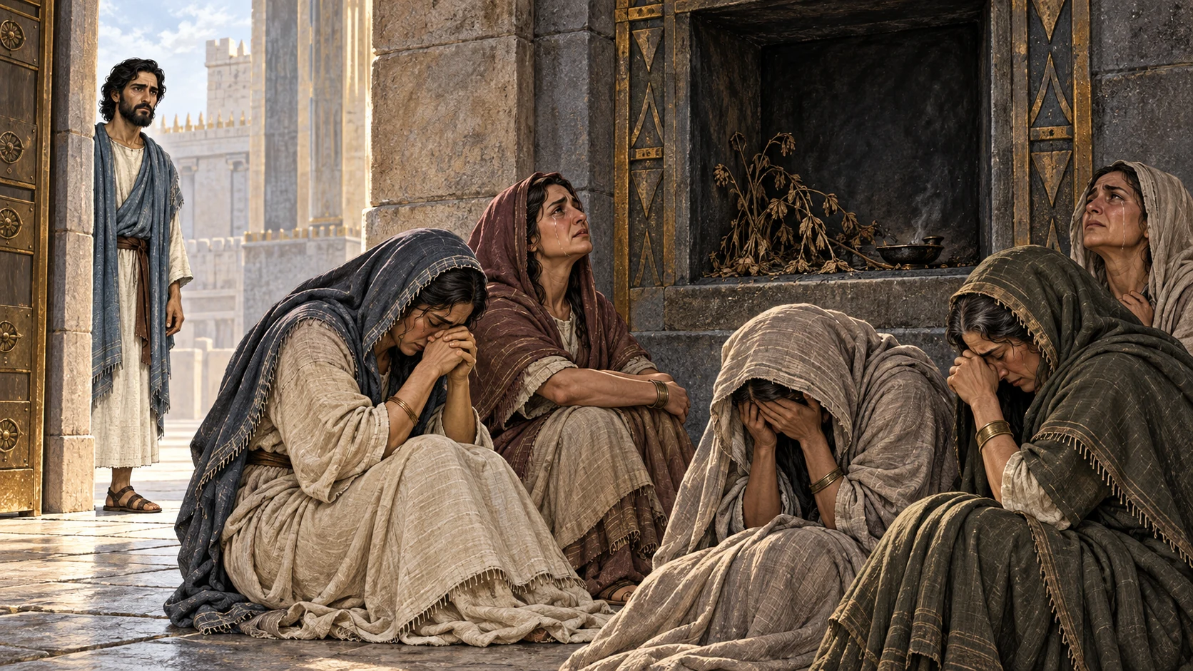 Women sit weeping beside an empty dark niche while Ezekiel watches from the gate.