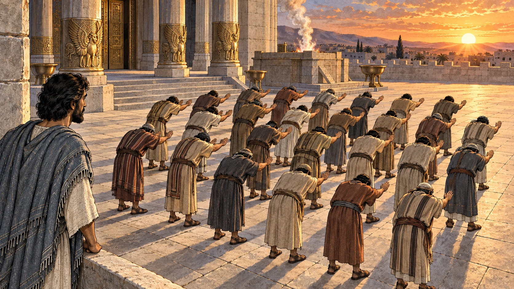 Exactly twenty-five men turn their backs to the temple and bow east toward the sun.