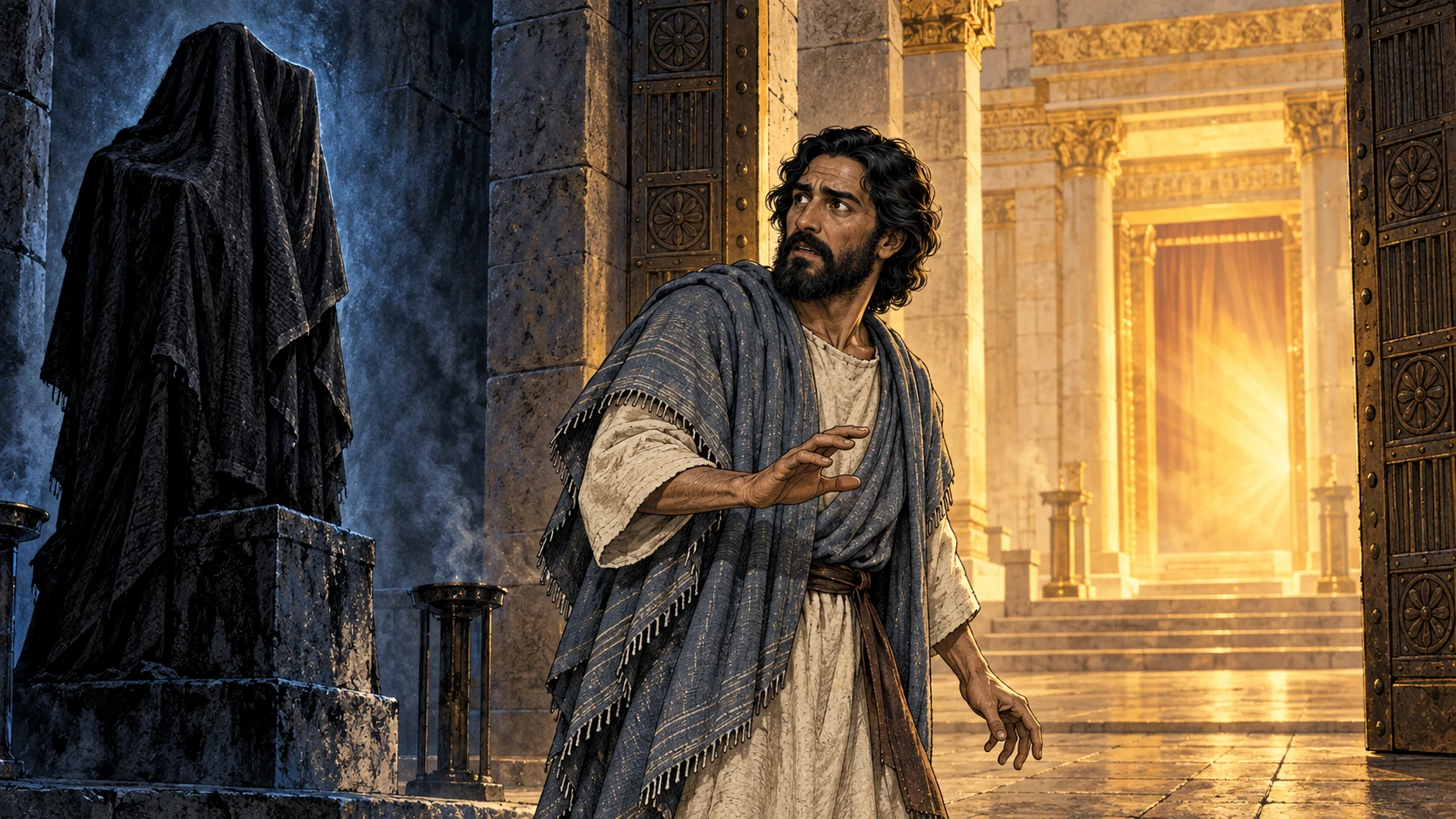 At the north gate, Ezekiel stands between a shrouded image and withdrawing sanctuary glory.