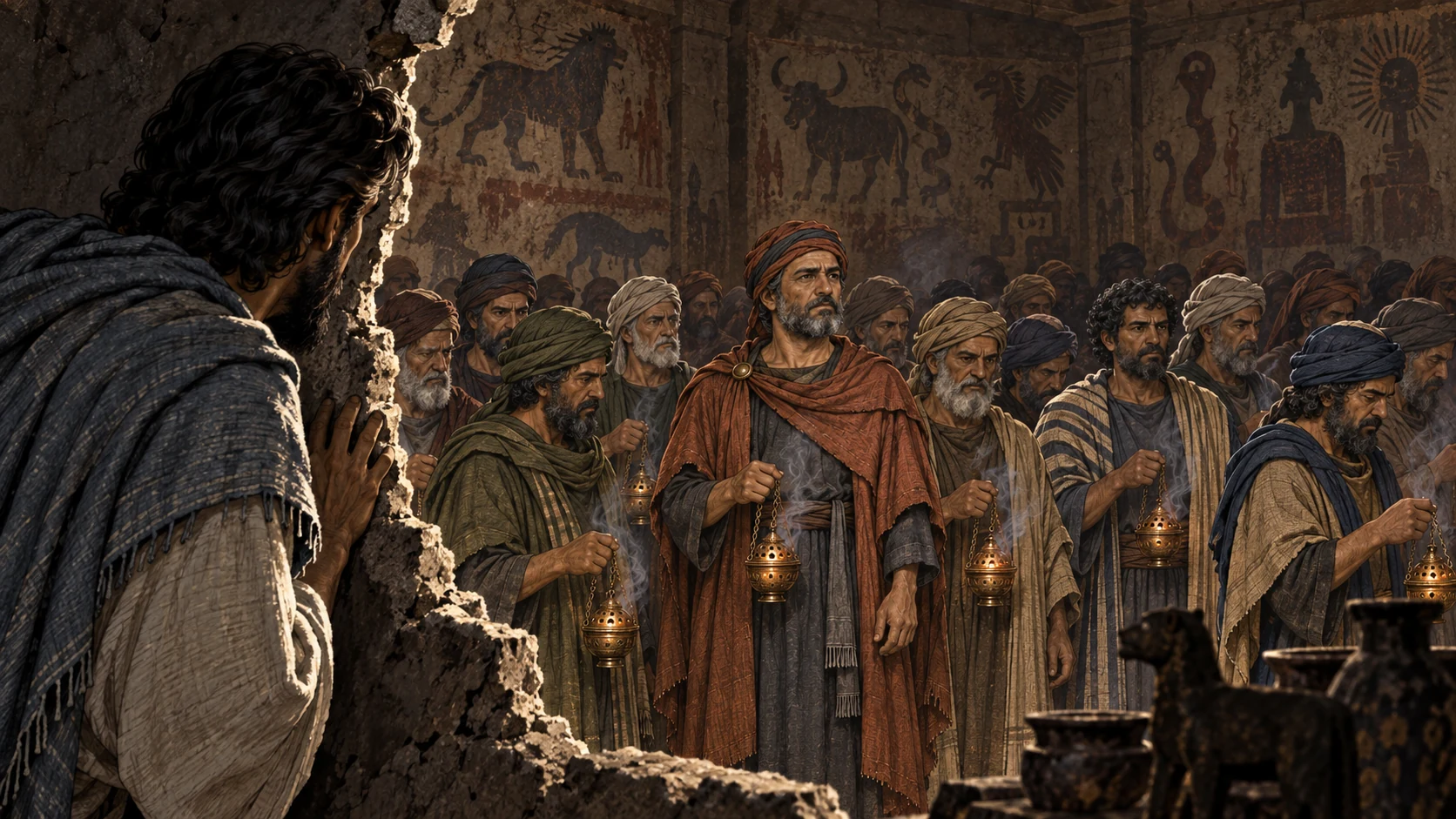 Ezekiel peers into a hidden chamber where Jaazaniah stands among the incense-bearing elders.