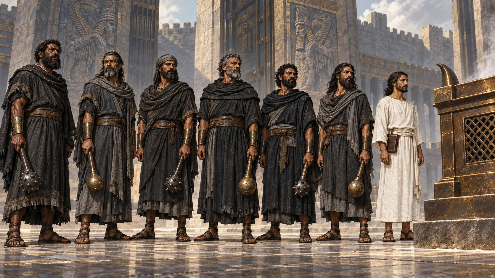 Six dark-clothed agents and the white-linen recorder stand beside the bronze altar awaiting command.