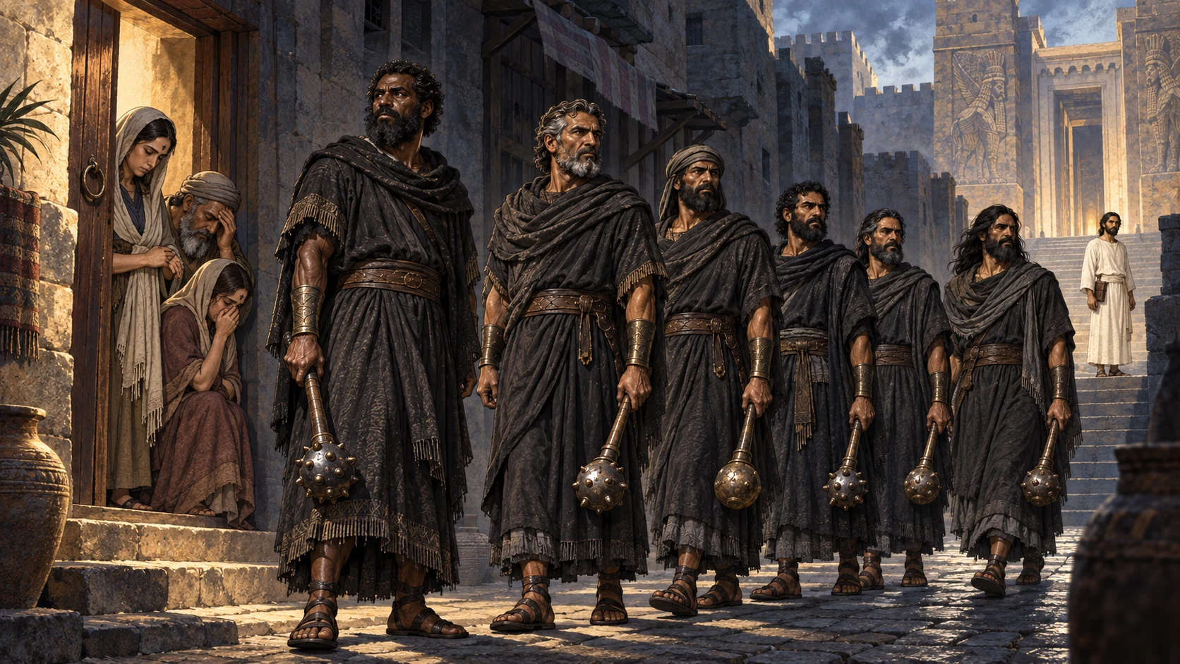 Six agents pass marked mourners safely as the recorder waits near the distant threshold.