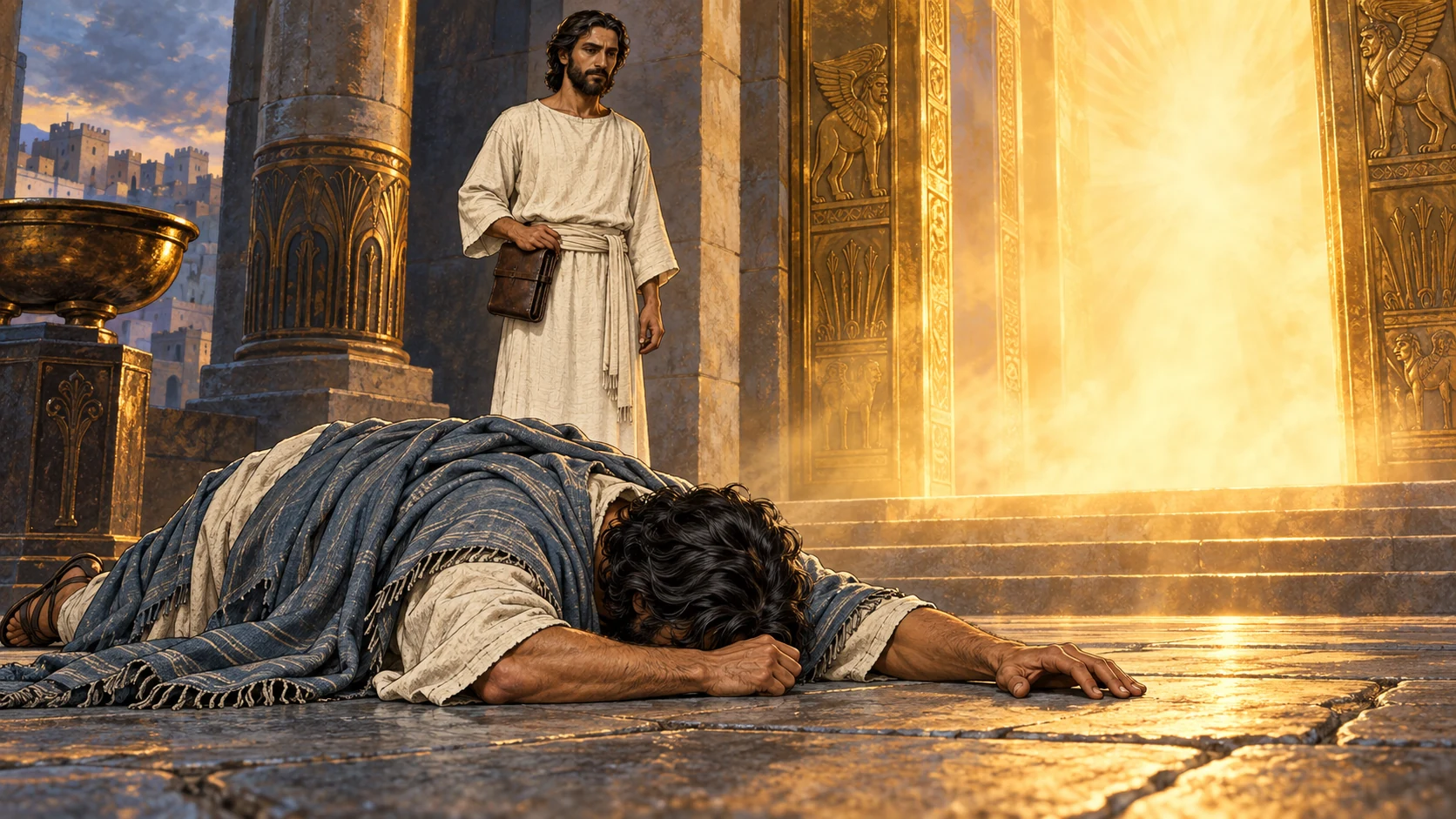 Ezekiel lies face-down before the radiant threshold as the recorder returns with his completed report.