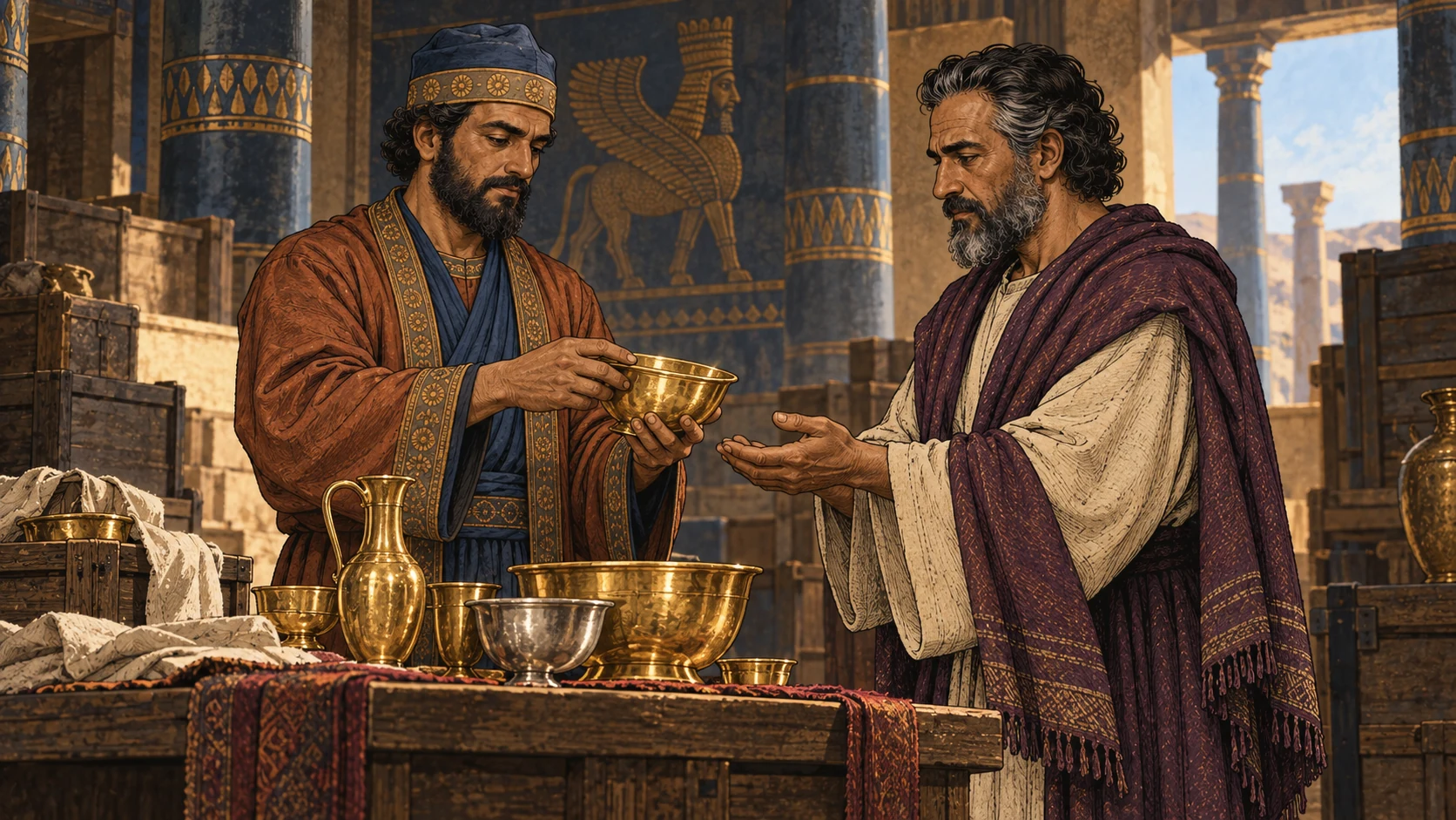 Temple vessels leave the treasury.