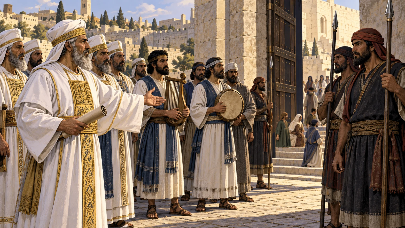 Priests, Levites, singers and gatekeepers named in the record.