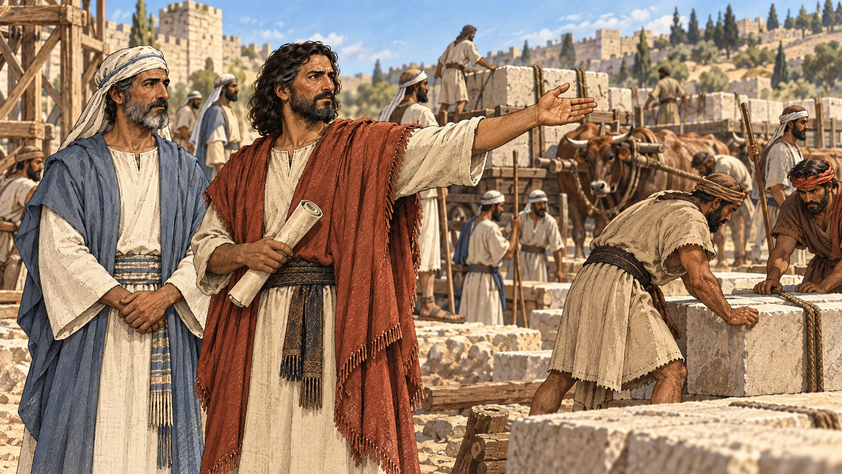 Materials arrive and Levites oversee the builders.