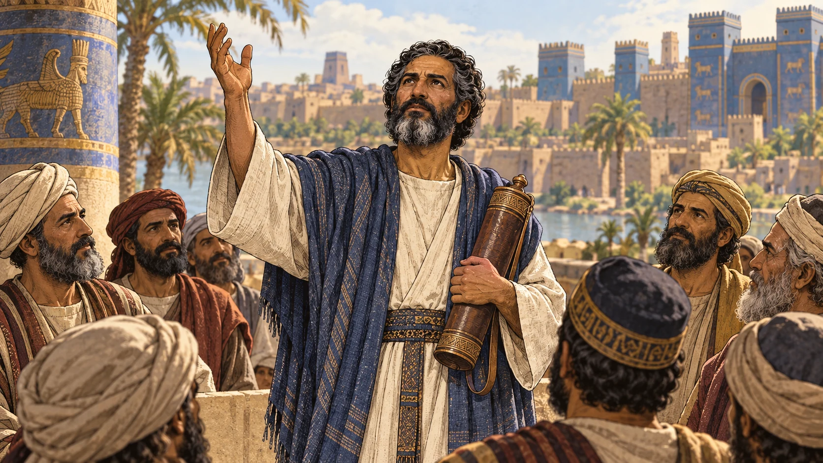 Ezra blesses Yahweh and gathers leaders.