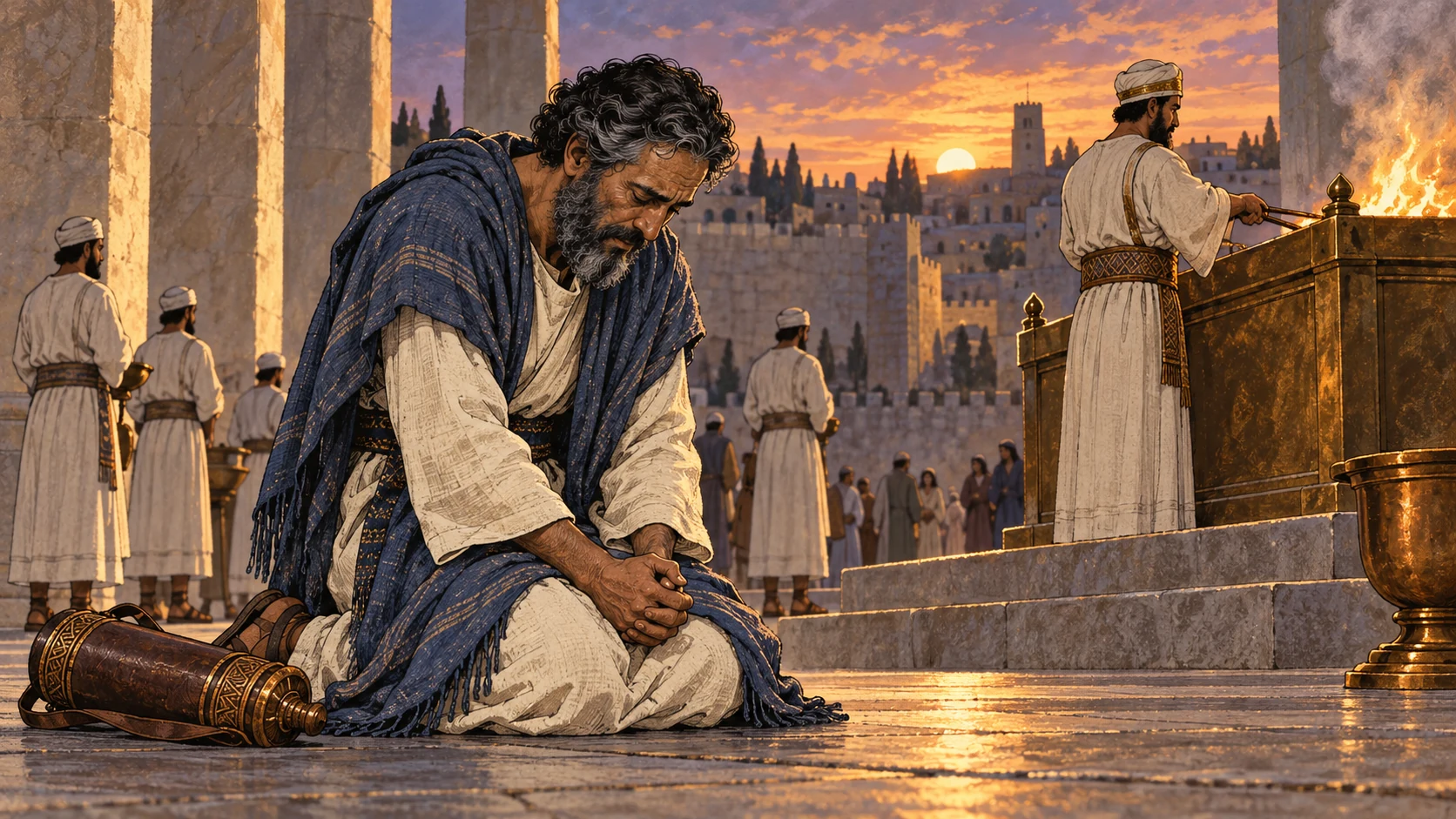 Ezra grieves, then kneels at the evening offering.