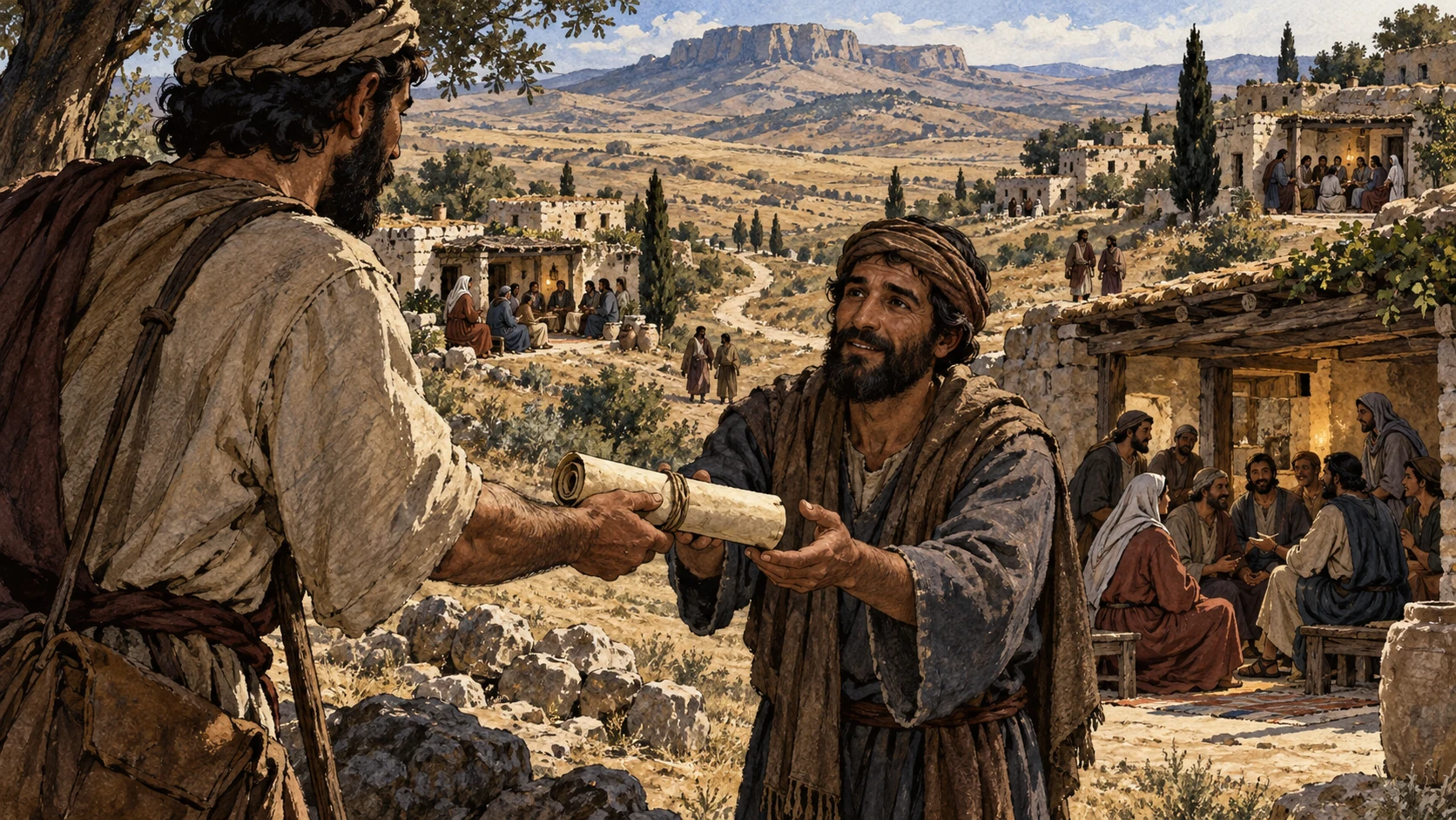 A messenger passes an unlettered scroll to a Galatian house gathering.