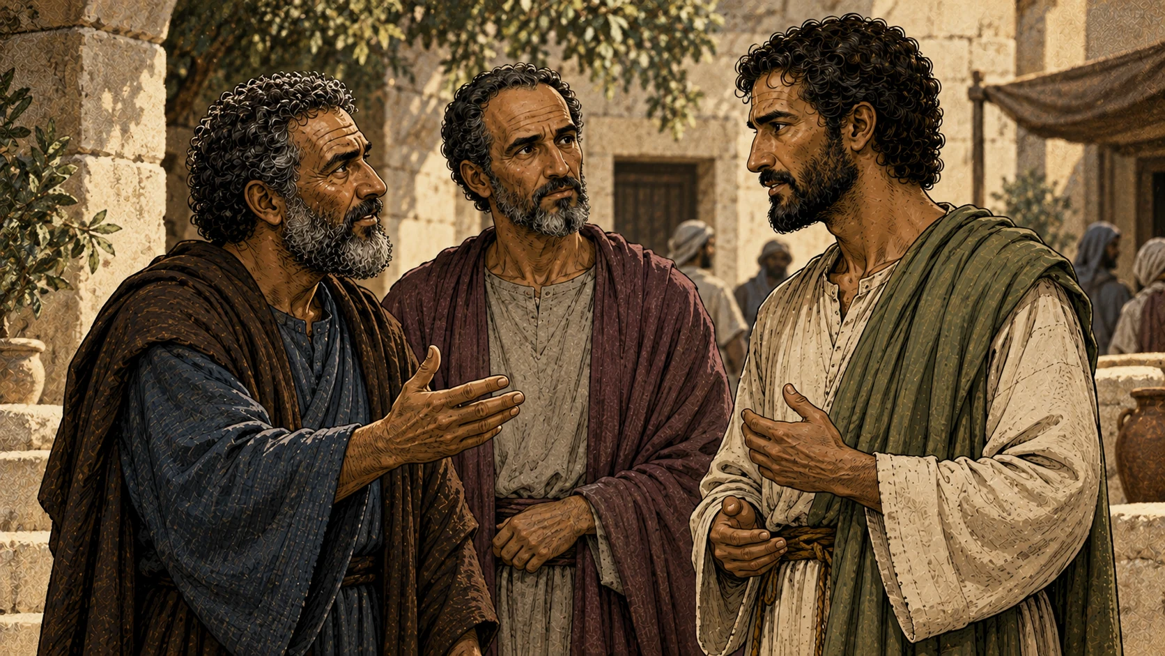 Paul speaks with Cephas and James in a modest Jerusalem courtyard.