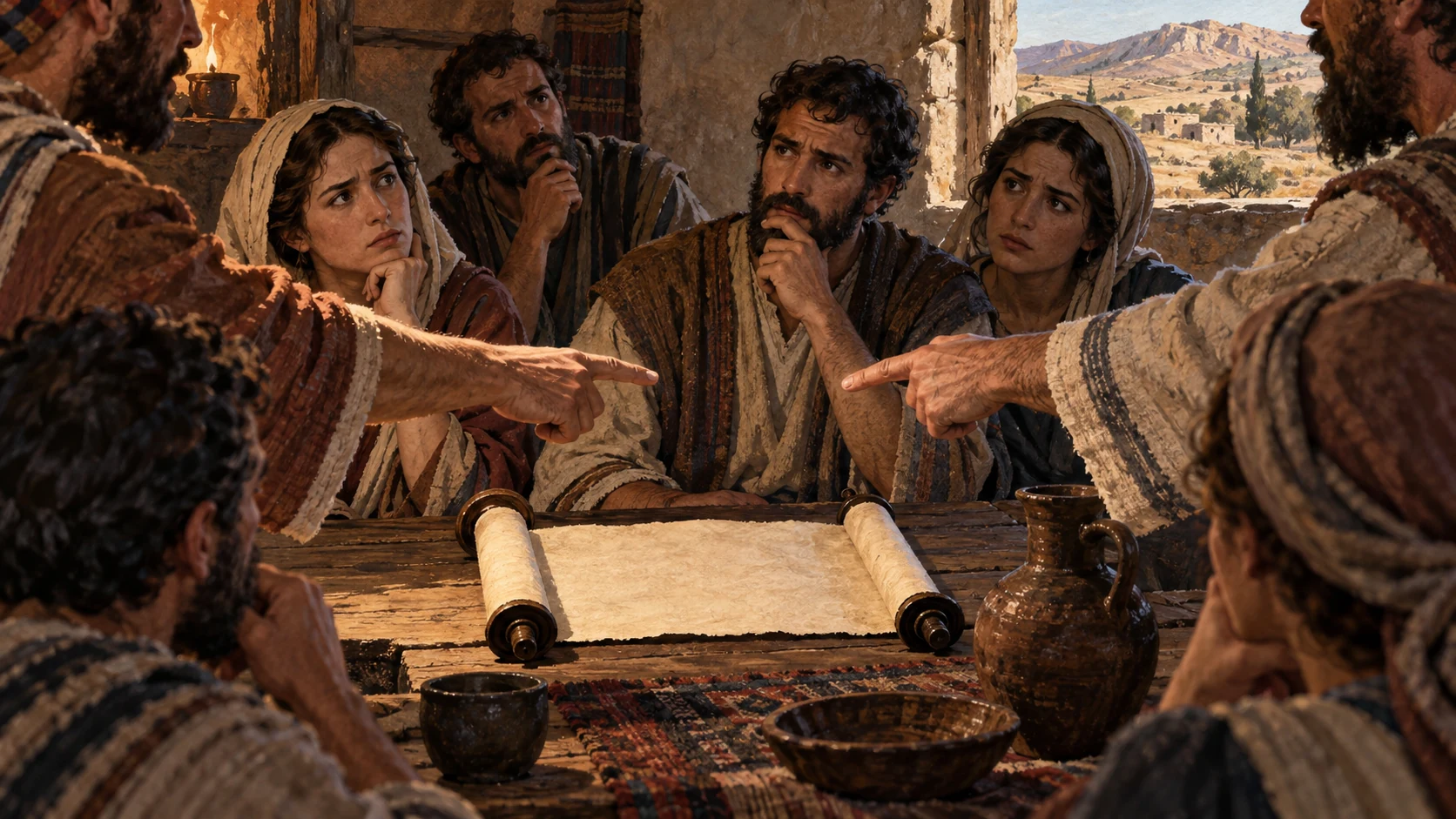 Galatian believers consider competing messages around a blank parchment.