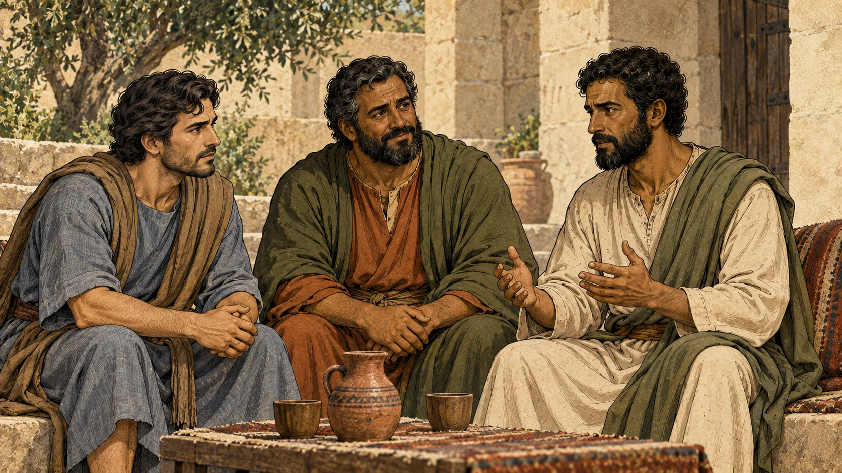 Titus sits beside Paul and Barnabas in a Jerusalem courtyard.