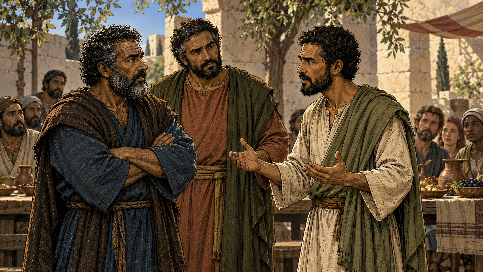 Paul addresses Cephas beside a divided meal table as Barnabas looks on.