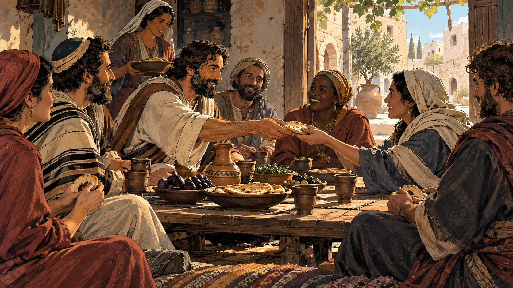 Believers of varied backgrounds pass bread around a shared table.