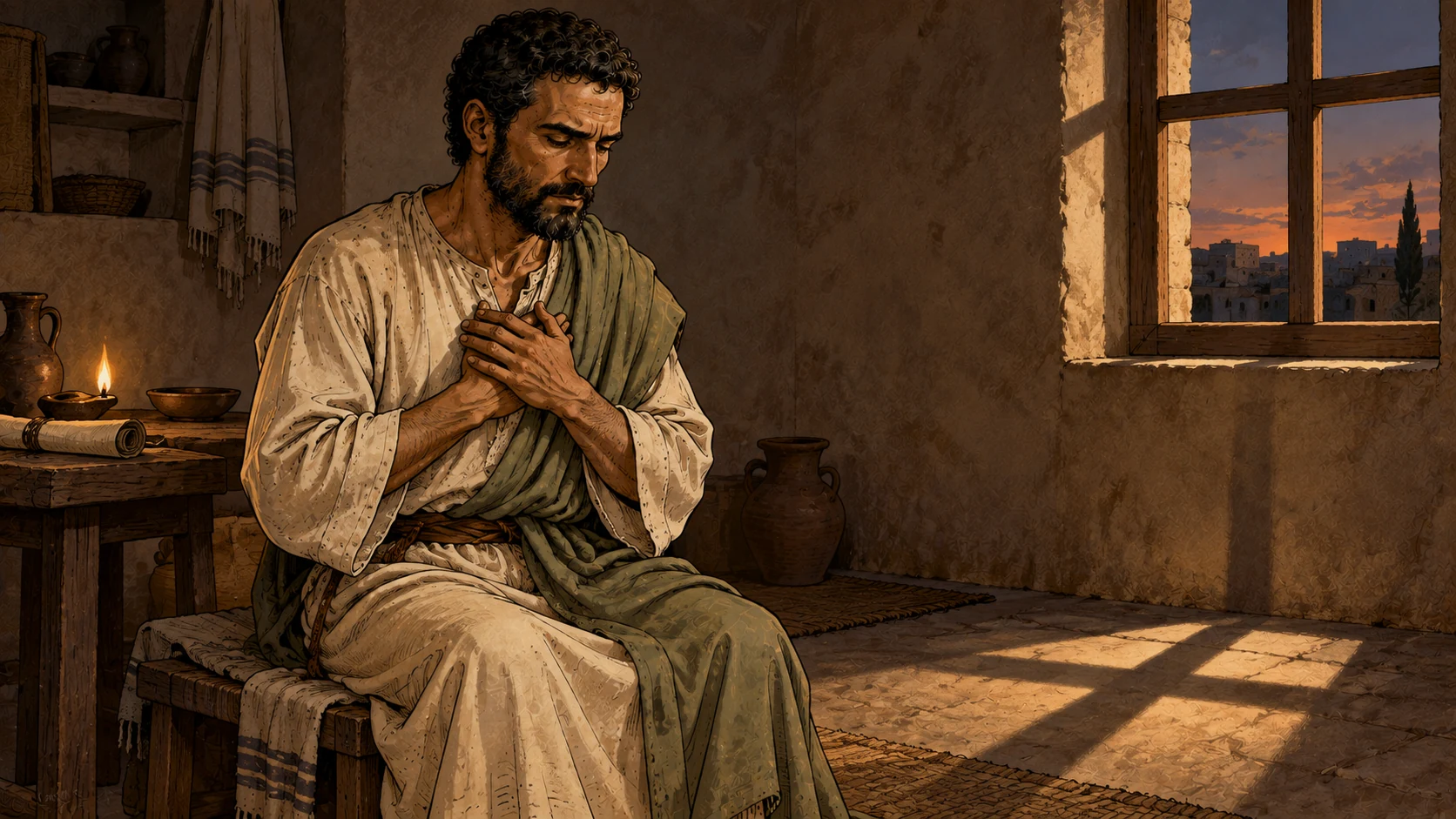 Paul reflects alone in a modest room under a cross-shaped window shadow.