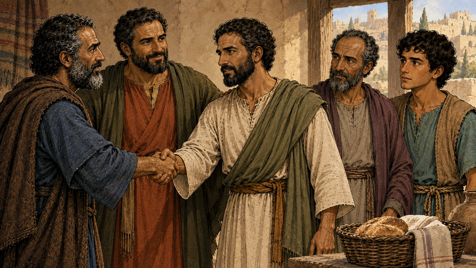 Cephas clasps Paul’s hand while Barnabas, James, and John gather nearby.