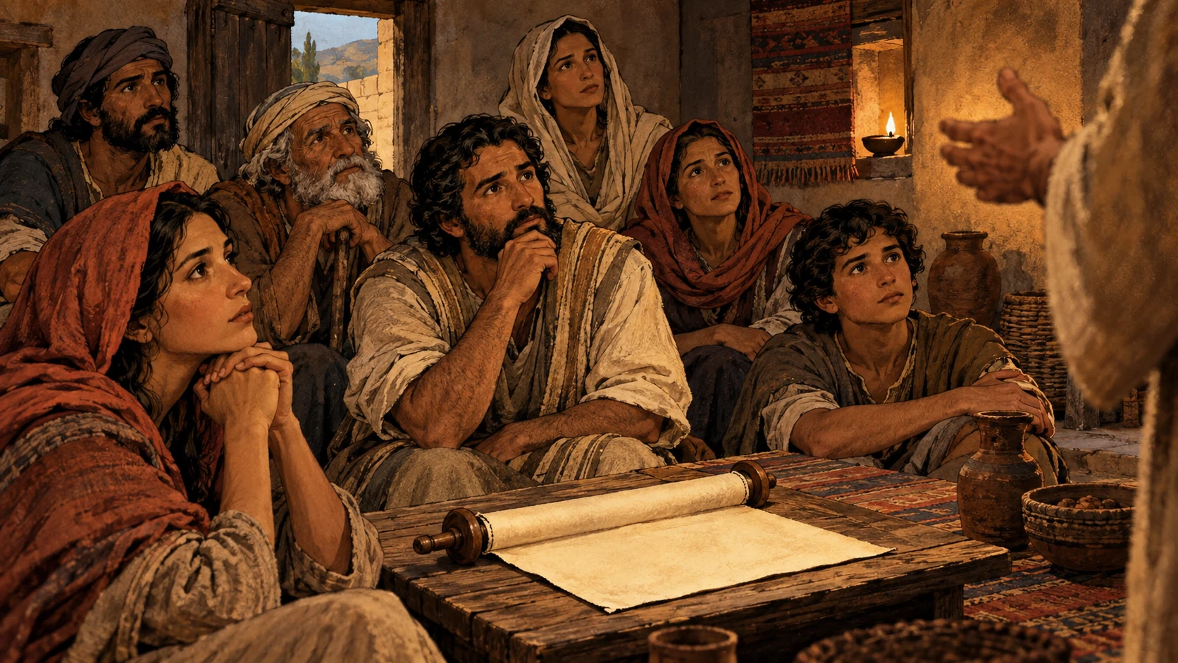 Listeners of different ages focus on an off-frame speaker around an unlettered scroll.
