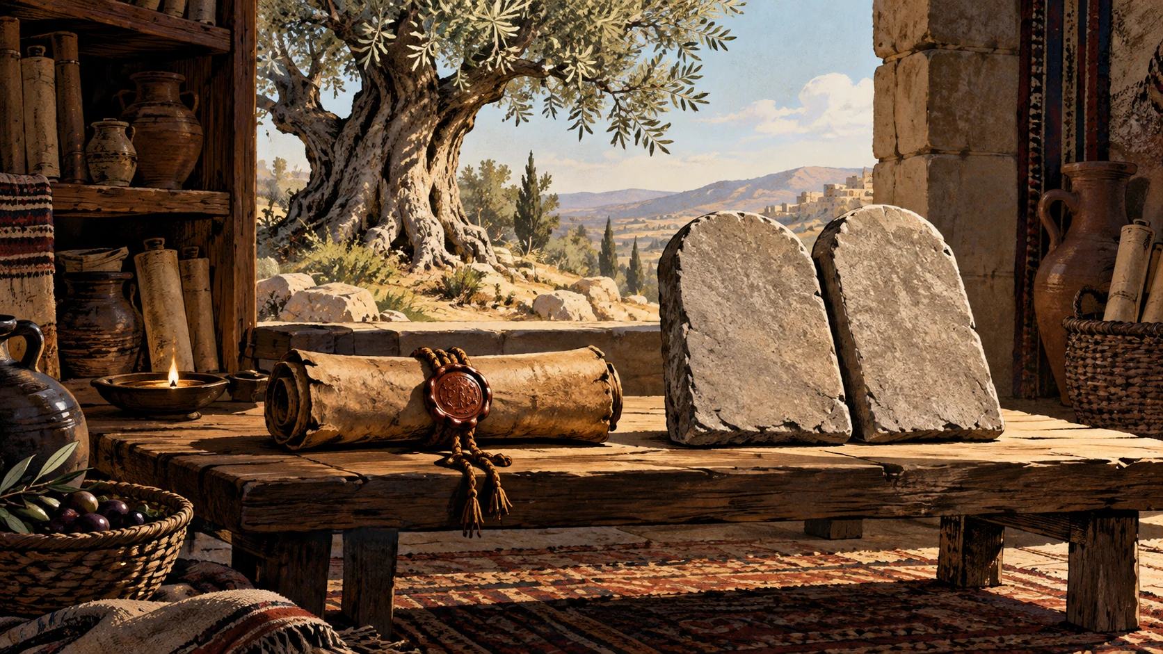 A sealed scroll and two uninscribed stone tablets rest on a low table beside an old olive tree.