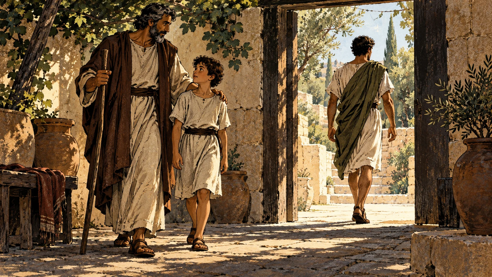 A guardian walks beside a child while a young adult steps beyond the household threshold.