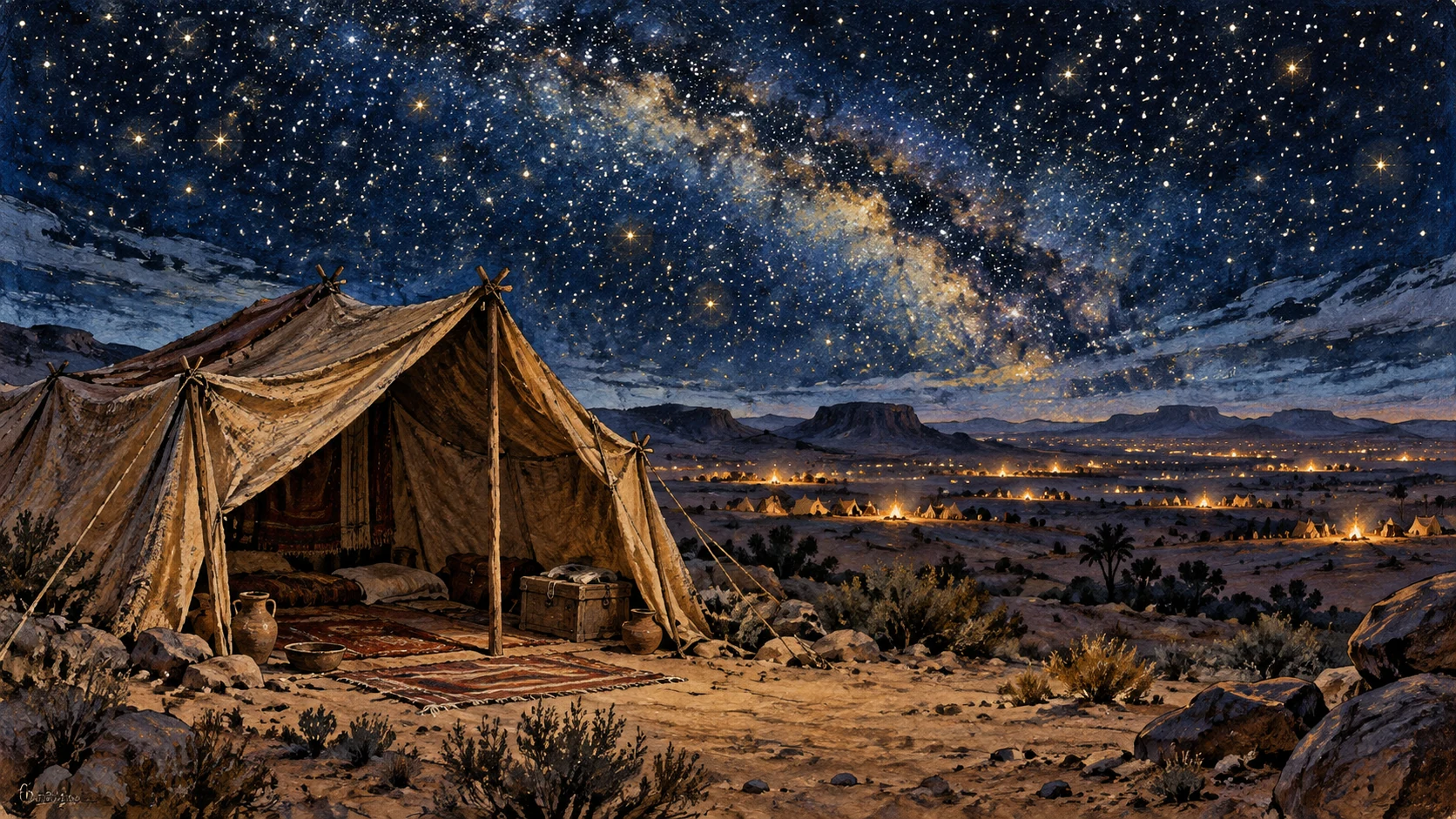 An empty ancient tent stands beneath a dense starry sky with distant campfires.