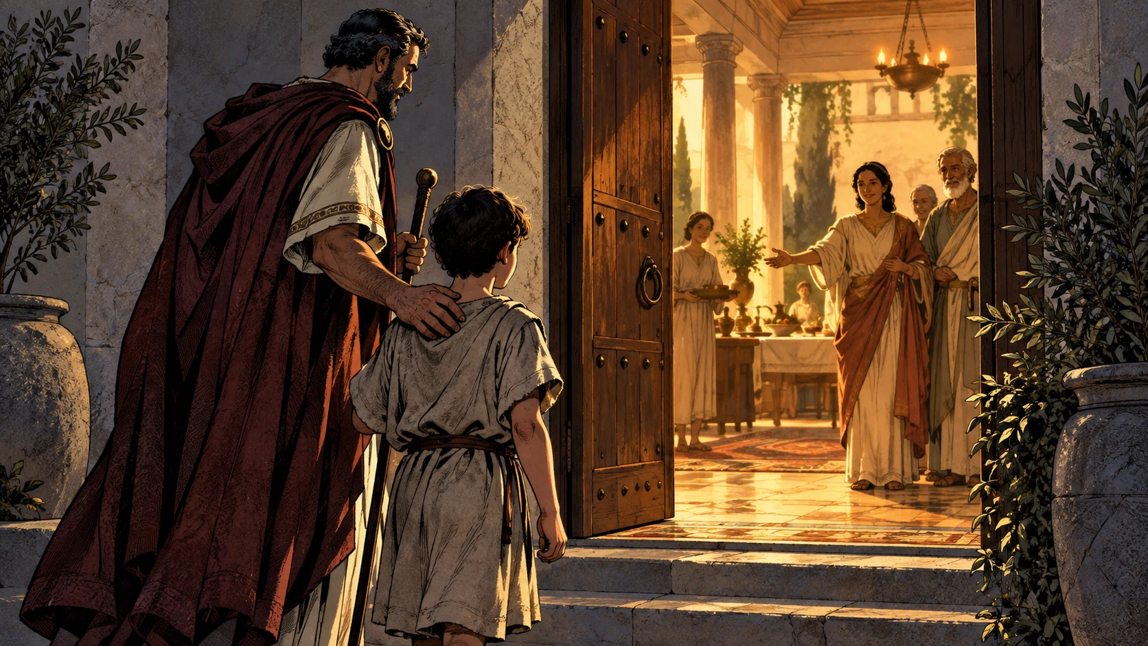 A child and guardian enter a warm family home together.