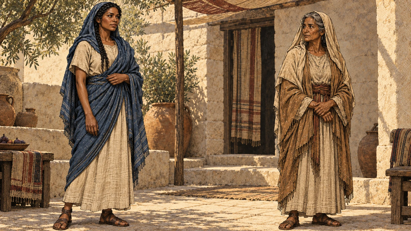 Hagar and Sarah stand apart with dignity in an ancient courtyard.
