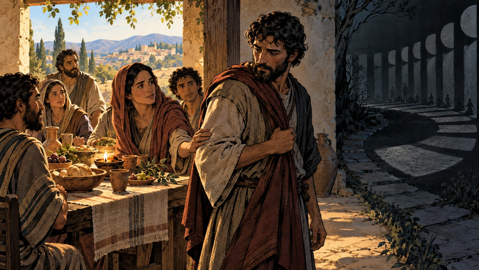 Believers pause beside a shared table as a dark circular path recedes.