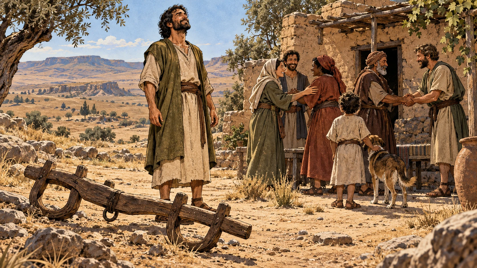 A believer stands beside a discarded wooden yoke while neighbors welcome each other on an inland plateau.