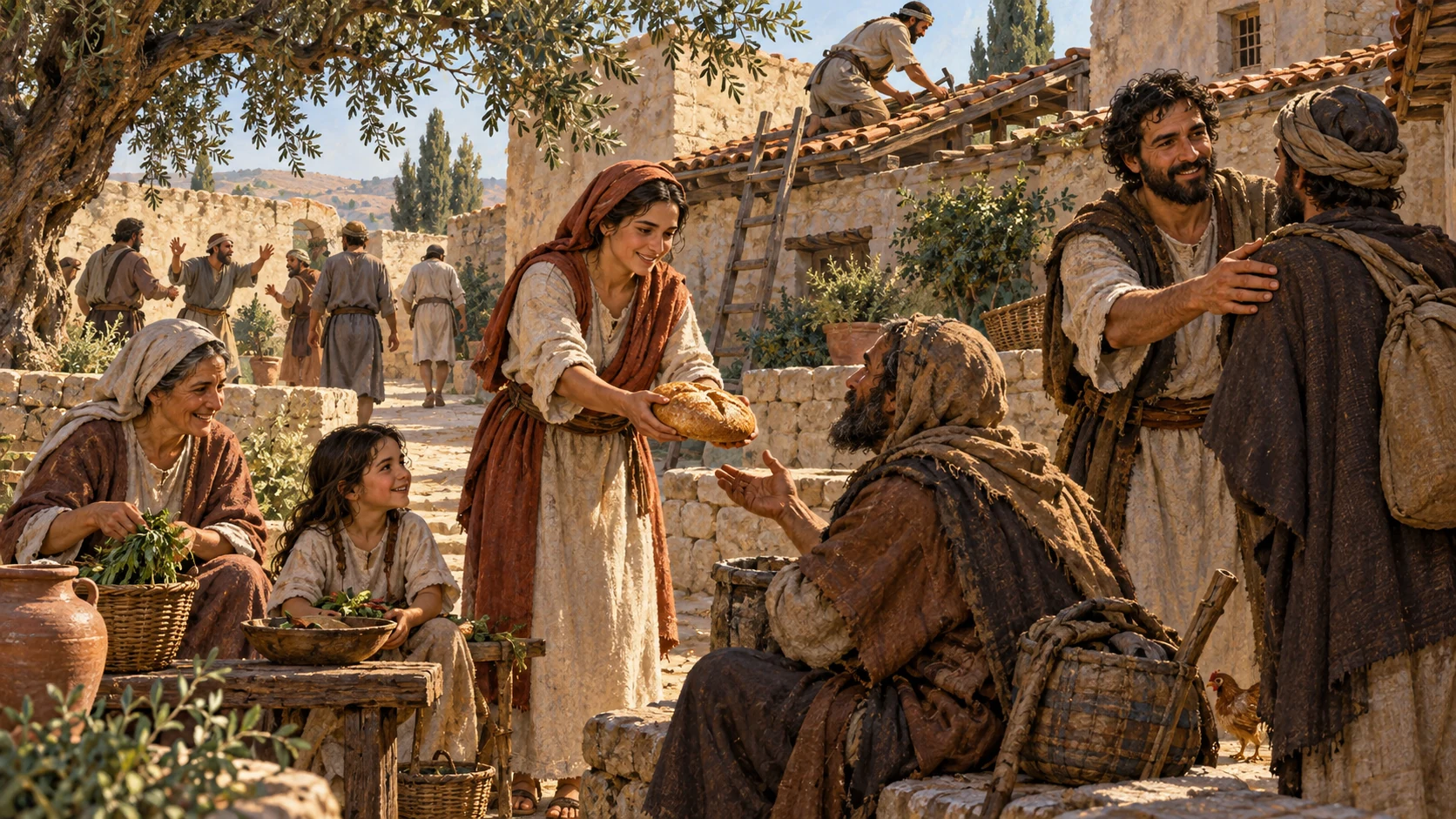 Neighbors offer bread, welcome a traveler, and repair a roof in a village courtyard.