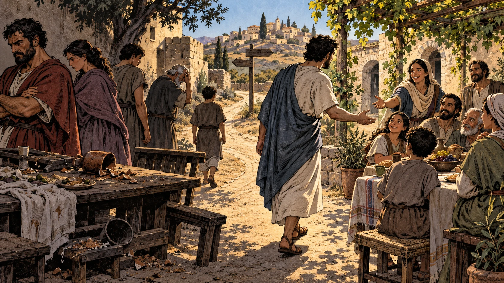 A traveler turns from an abandoned quarrelsome table toward a welcoming communal meal.