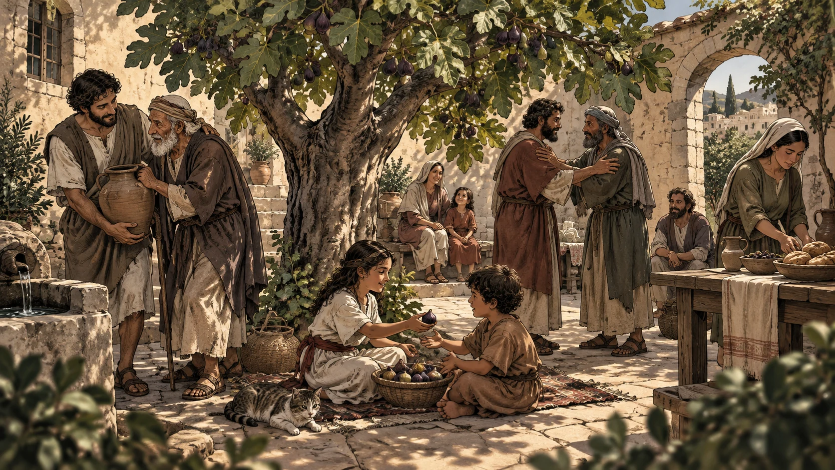 Beneath a fig tree, neighbors share fruit, help an elder, and reconcile in a courtyard.