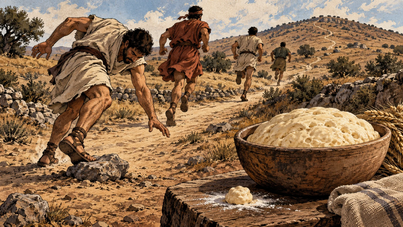 Runners cross a dusty inland track past an obstacle while a bowl of leavened dough rests nearby.