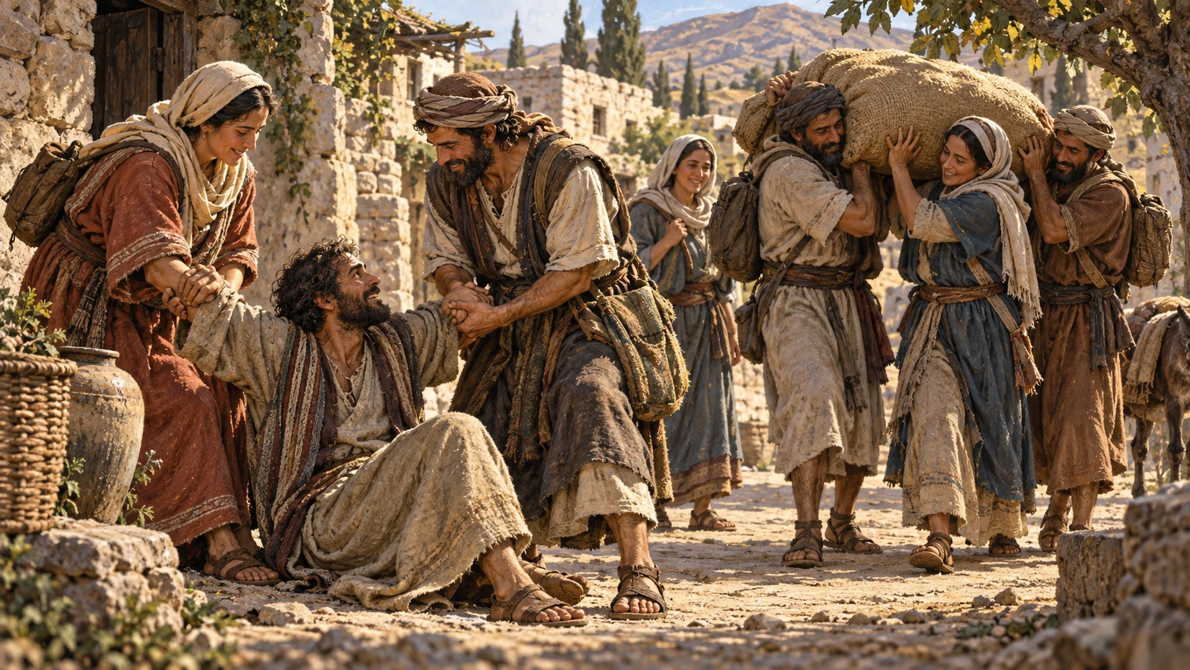 Neighbors gently help a seated man upright while others carry a heavy shared sack.